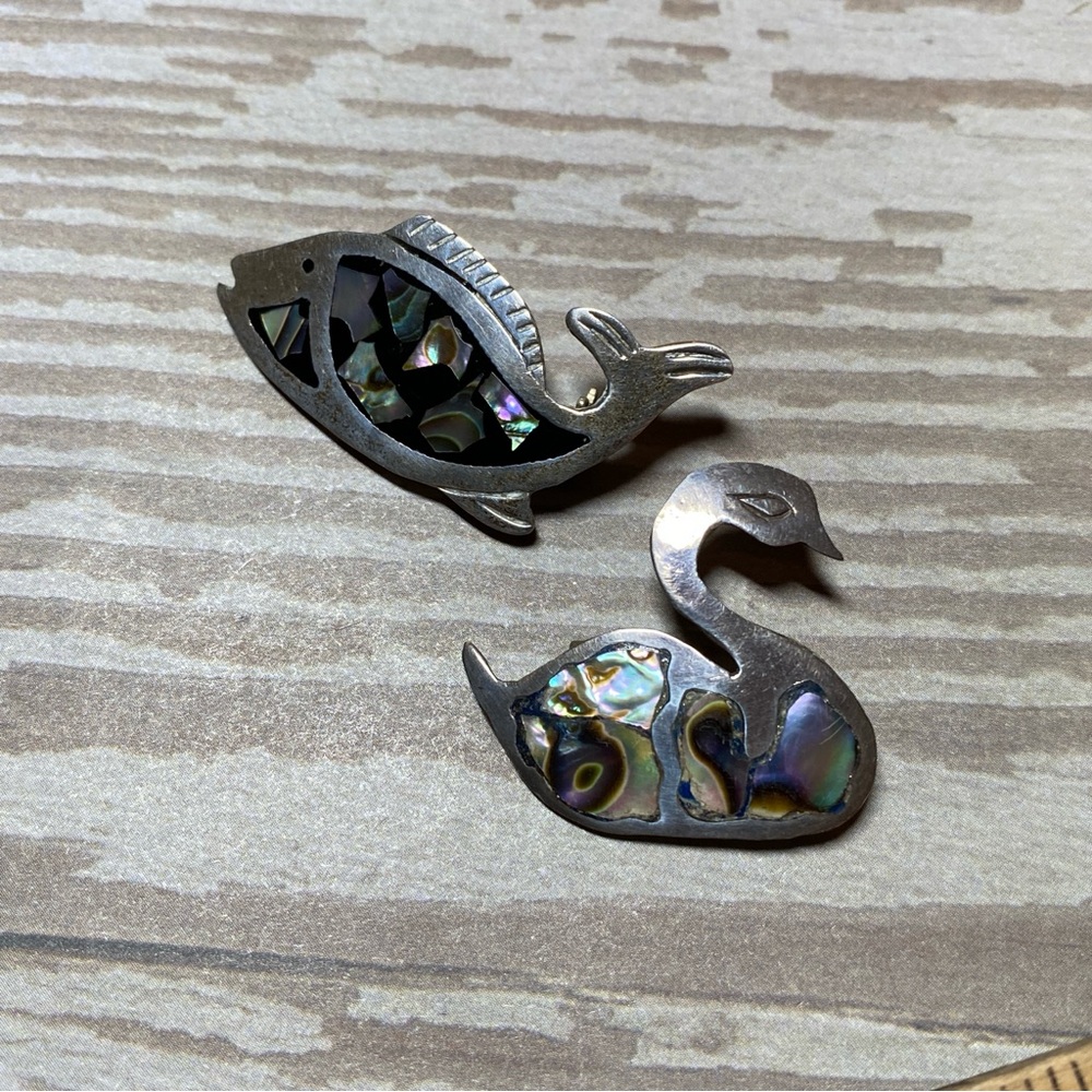 Vintage Mexico abalone animal fish swan sterling silver pin lot